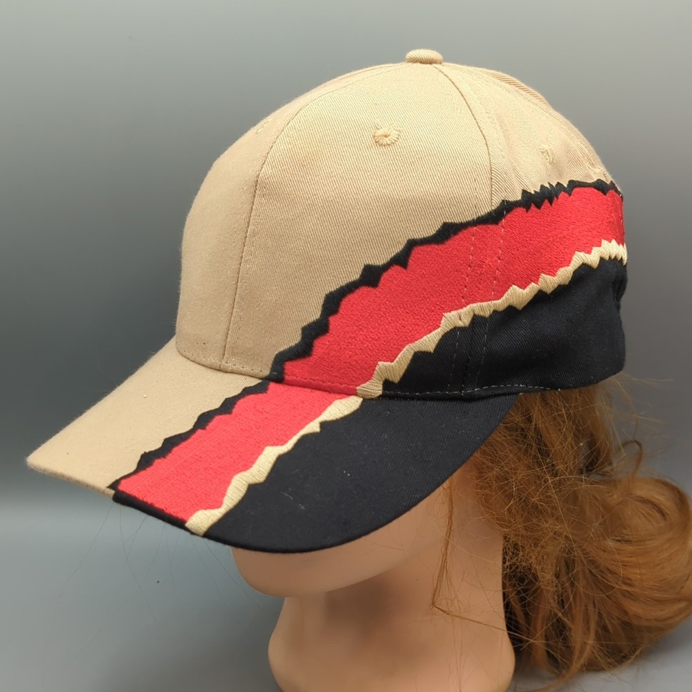 Vintage Nissin Hat Adjustable Khaki Leather Strapback Cap Black Red Tracks Blank